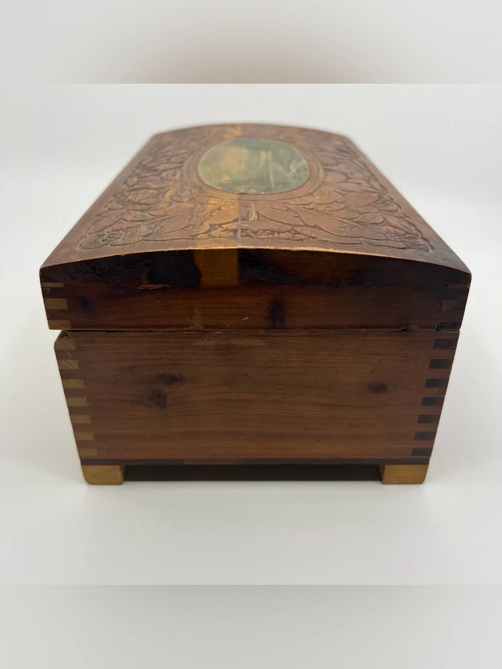 Vintage wooden carved jewelry keepsake box with mirror
